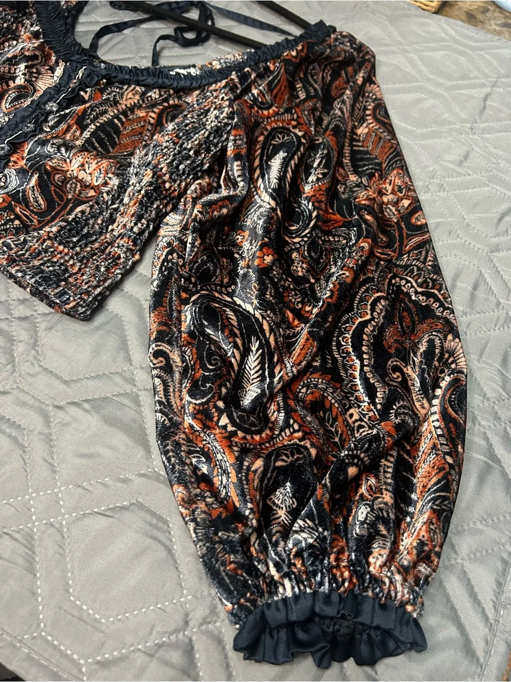 Free People Paisley Velvet Smocked Balloon sleeves Crop Top size s
